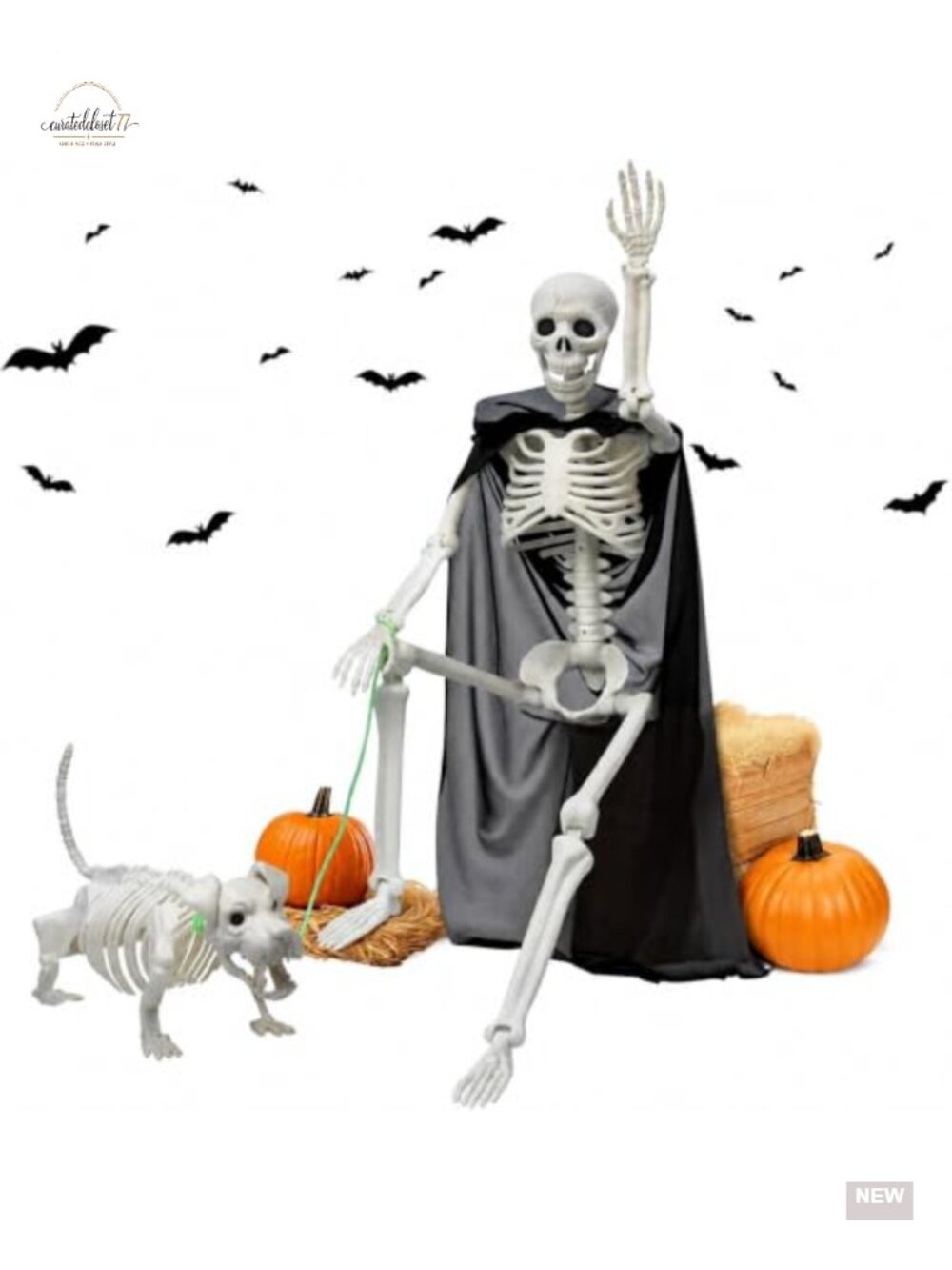 Posable Skeleton with Dog & Cat 36in Halloween Outdoor Statue Set